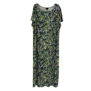 J.Jill Wearever Maxi Dress Green White Leaf Print Size 1X Short Sleeves. Stretch